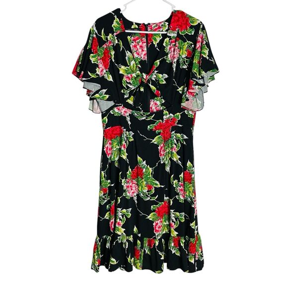 Trashy Diva Pinup Dress Womens 14 Floral Retro Deck of Cards Ace Queen of Hearts - Picture 3 of 10